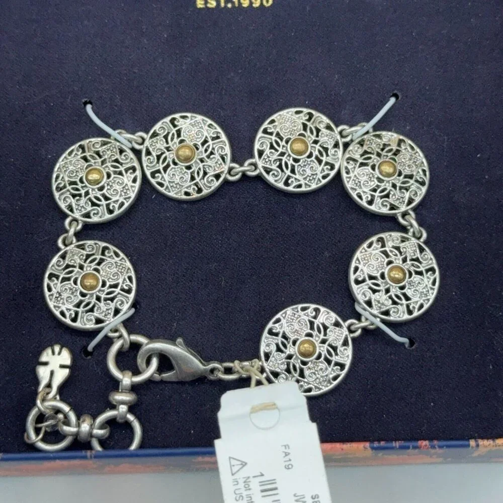 Lucky Brand Silver Tone Bracelet Filigree Discs Bronze Center 6.5